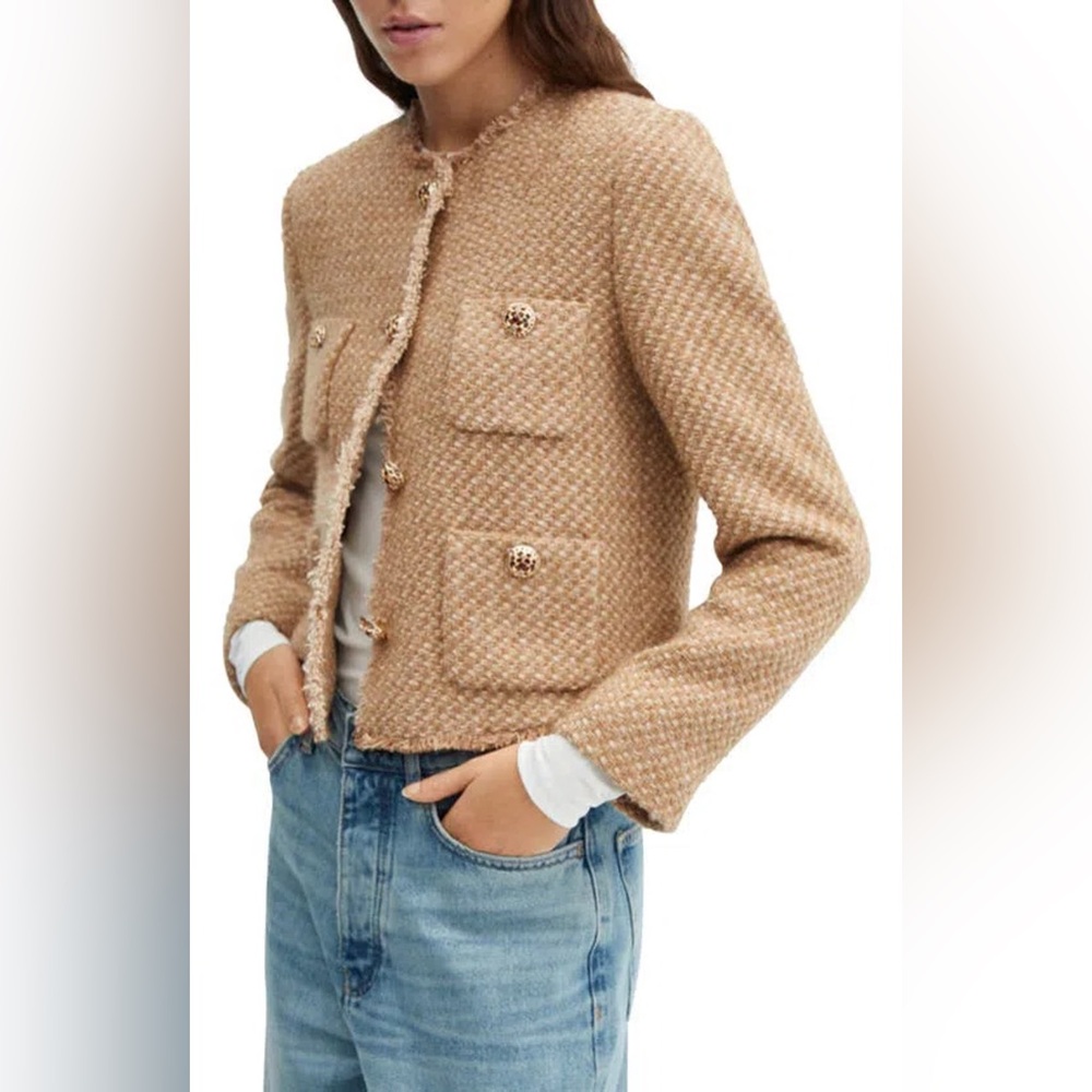Mango Embelished Jewel Button Tweed Jacket in Marron Moyen